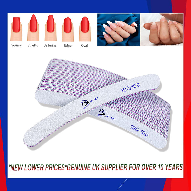 100/100 Grit Nail File Curved Buffer Emery Board Professional Nail Files