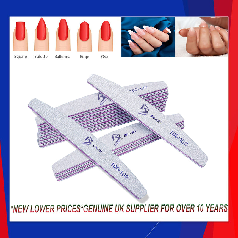 100/100 Grit Nail File Half Moon Buffer Emery Board Professional Nail Files