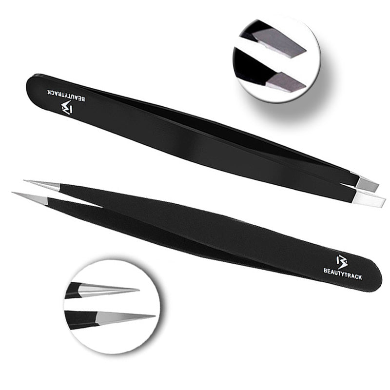 Eyebrow Black Tweezers Set Fine Pointed And Slanted