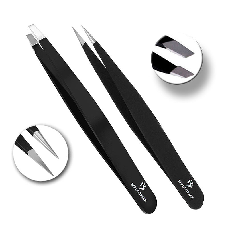 Eyebrow Black Tweezers Set Fine Pointed And Slanted