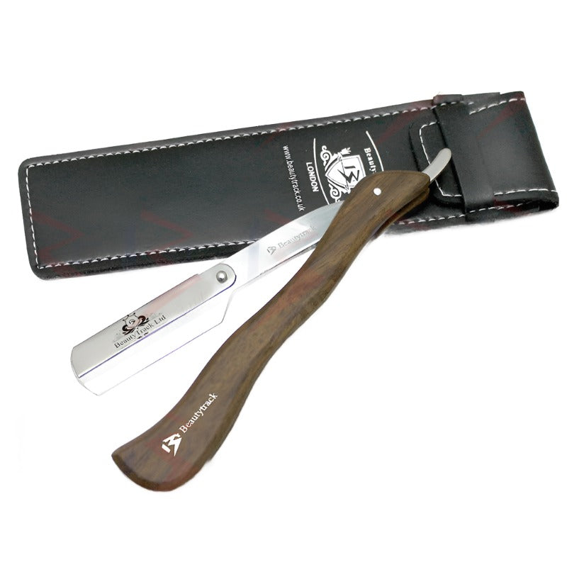 BeautyTrack Barber Straight Cut Throat Shaving Razor Extra Long Wood Handle