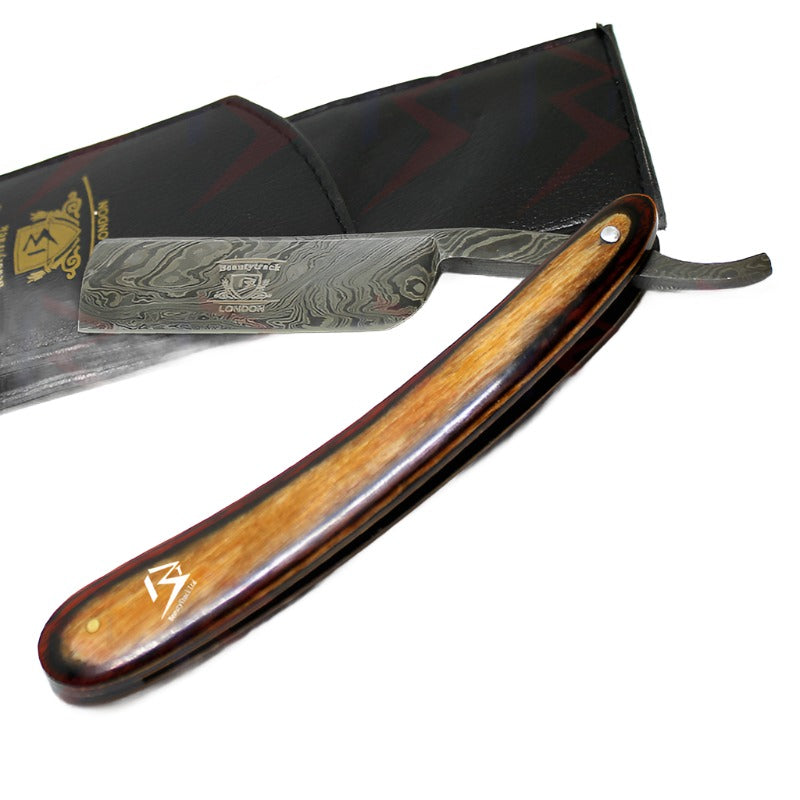 BeautyTrack Rasoir droit en acier de Damas fait à la main avec manche en bois élégant