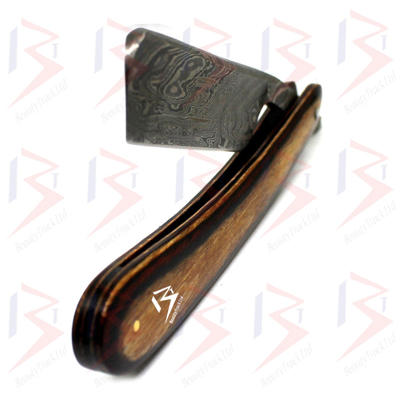 BeautyTrack Rasoir droit en acier de Damas fait à la main avec manche en bois élégant