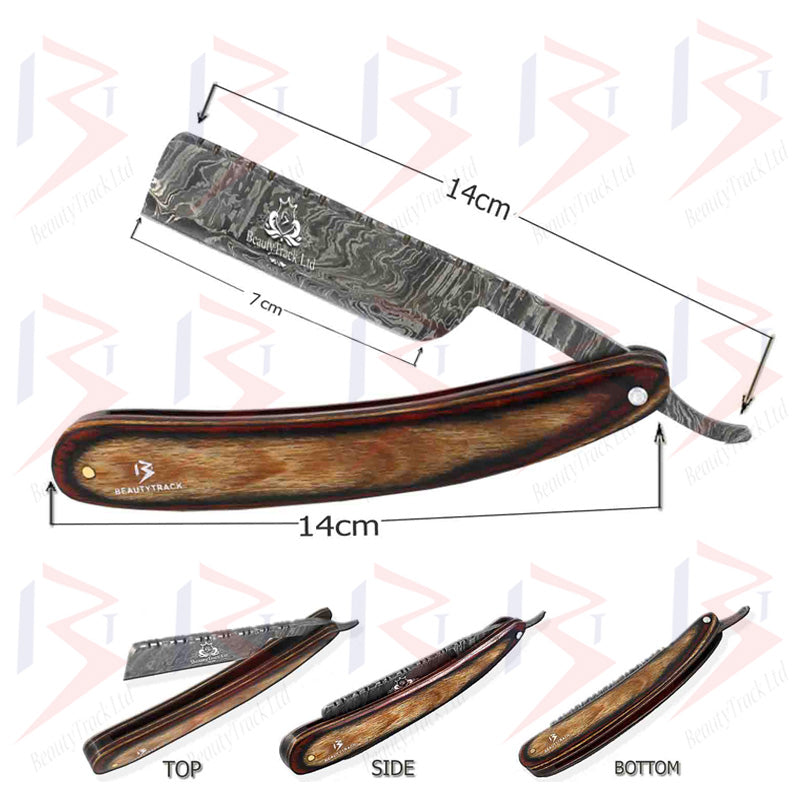 BeautyTrack Rasoir droit en acier de Damas fait à la main avec manche en bois élégant