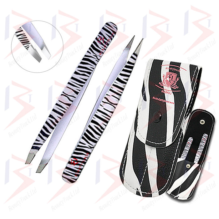 BeautyTrack Eyebrow Tweezers Set Hair Beauty Slanted Tweezer Zebra Print