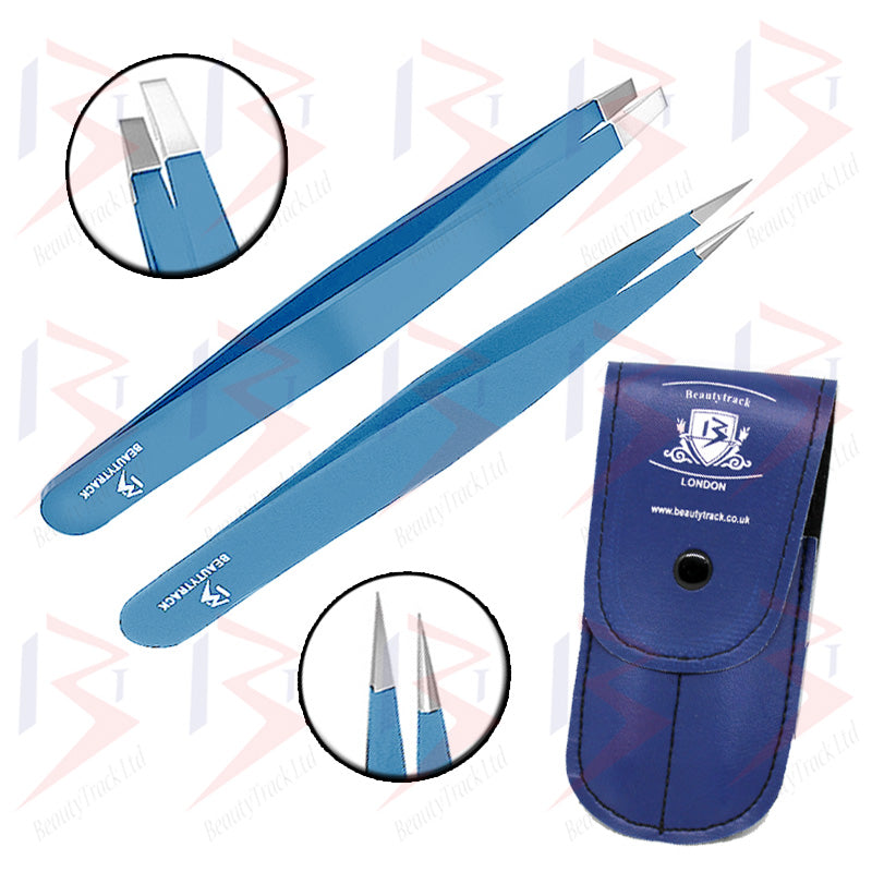BeautyTrack Eyebrow Tweezers Set Slanted And Pointed Hair Beauty Tweezer Blue
