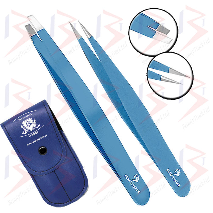 BeautyTrack Eyebrow Tweezers Set Slanted And Pointed Hair Beauty Tweezer Blue