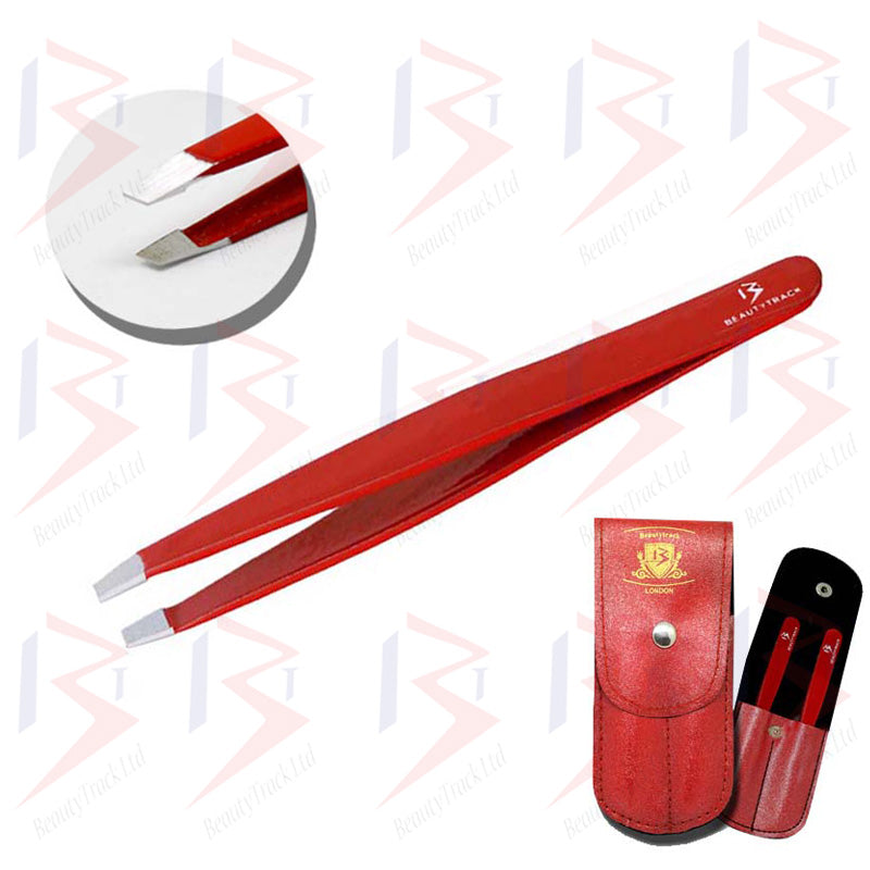 BeautyTrack Eyebrow Tweezers Set Slanted Tip Pointed Hair Beauty Red