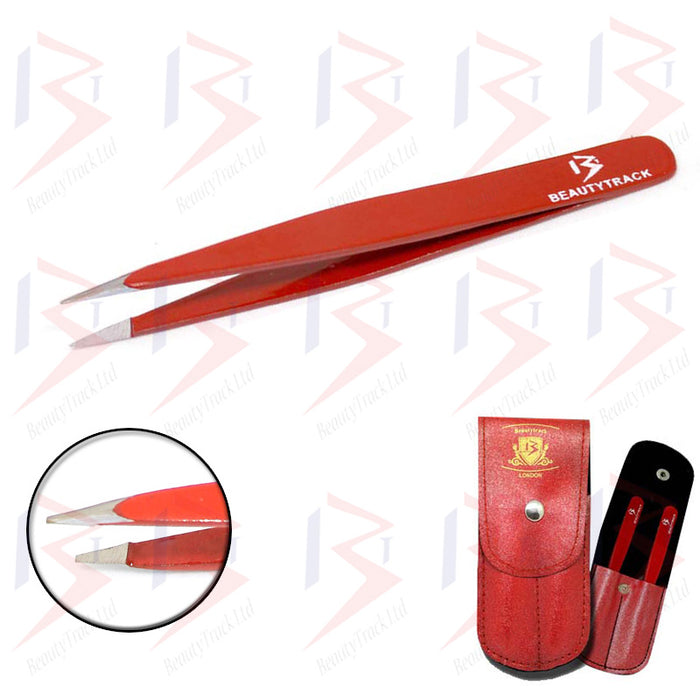 BeautyTrack Augenbrauenpinzetten-Set, schräge Spitze, spitzes Haar, Beauty Red