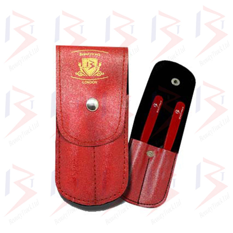 BeautyTrack Eyebrow Tweezers Set Slanted Tip Pointed Hair Beauty Red