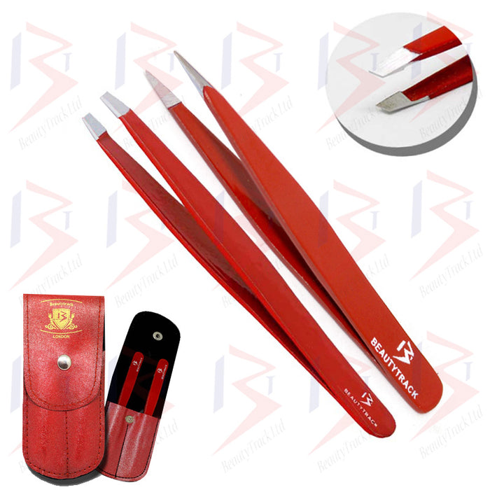 BeautyTrack Eyebrow Tweezers Set Slanted Tip Pointed Hair Beauty Red