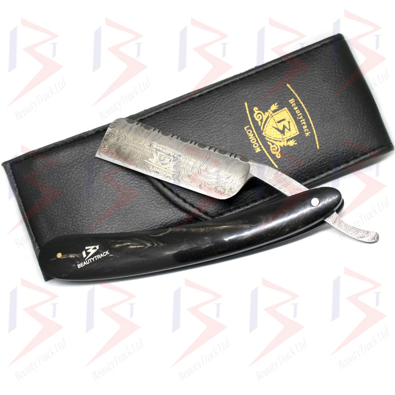 BeautyTrack Genuine Buffalo Horn Handle Damascus Steel Straight Razor