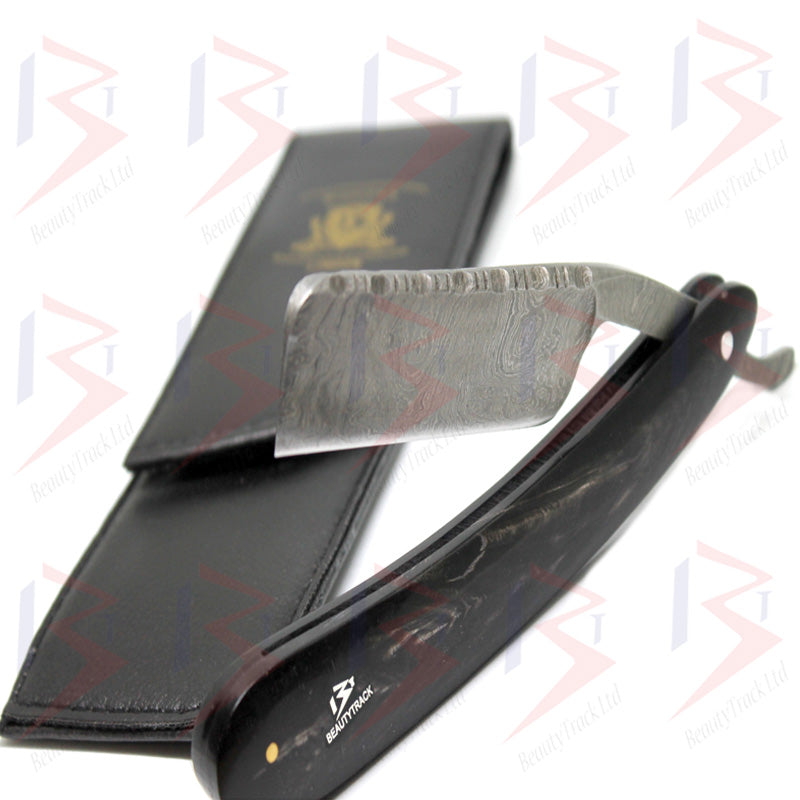 BeautyTrack Genuine Buffalo Horn Handle Damascus Steel Straight Razor