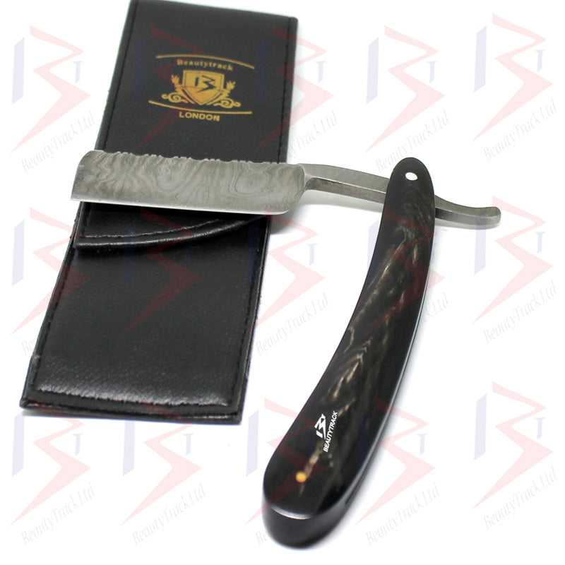 BeautyTrack Genuine Buffalo Horn Handle Damascus Steel Straight Razor