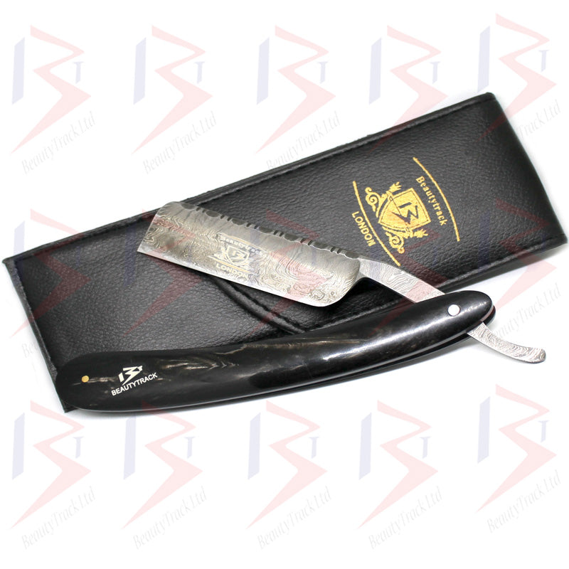 BeautyTrack Genuine Buffalo Horn Handle Damascus Steel Straight Razor