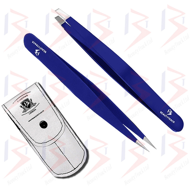 BeautyTrack Hair Tweezers Set Eyebrow Beauty Slanted And Pointed Tip Dark Blue