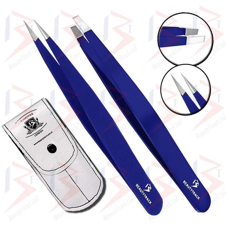 BeautyTrack Hair Tweezers Set Eyebrow Beauty Slanted And Pointed Tip Dark Blue