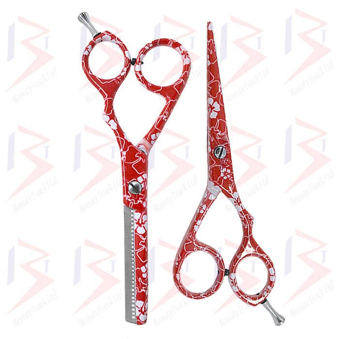 BeautyTrack Hairdressing Scissor Set Salon Shears 5.5' Red Flower Print