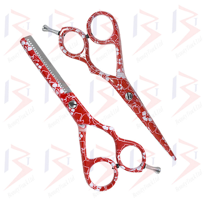 BeautyTrack Hairdressing Scissor Set Salon Shears 5.5' Red Flower Print