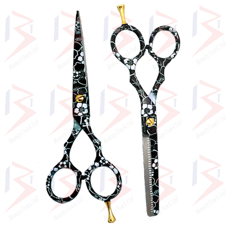 BeautyTrack Hairdressing Scissor Set Salon Shears 5.5' White Flower Print