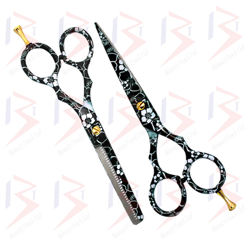 BeautyTrack Hairdressing Scissor Set Salon Shears 5.5' White Flower Print