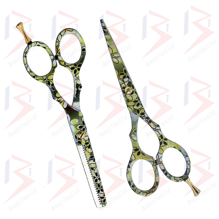 BeautyTrack Hairdressing Scissor Set Salon Shears 5.5' Yellow Flower Print