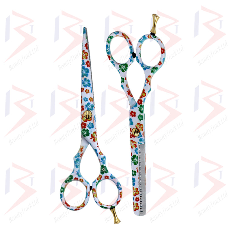 BeautyTrack Hairdressing Scissor Set Salon Thinning Shears 5.5' Flower Design