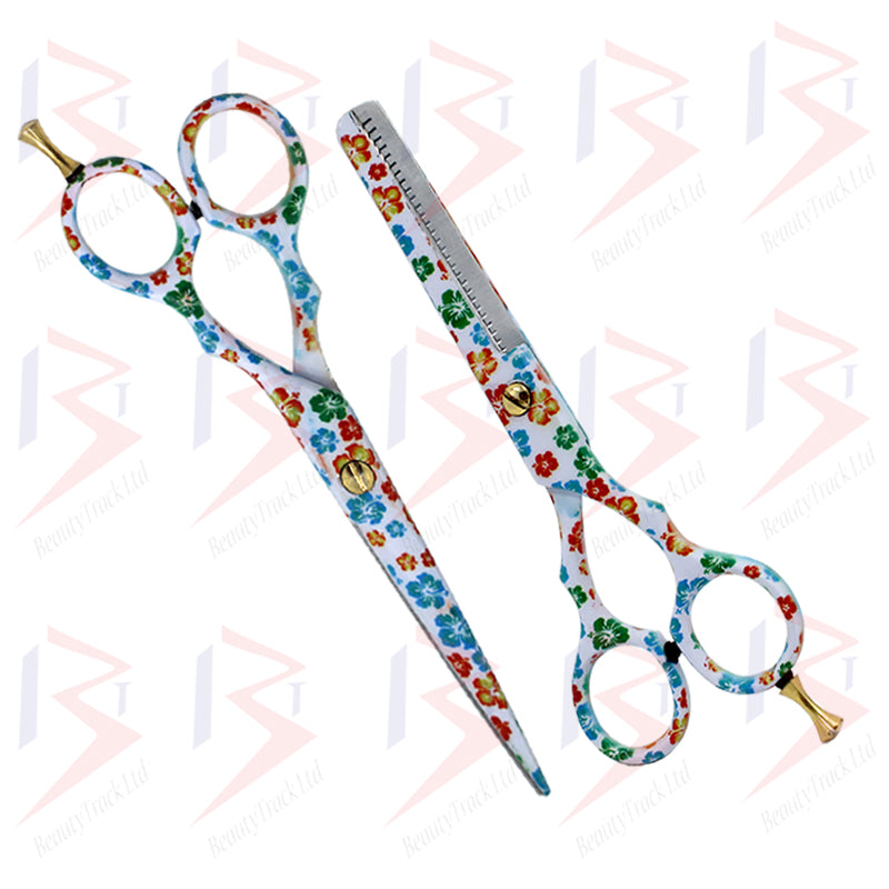 BeautyTrack Hairdressing Scissor Set Salon Thinning Shears 5.5' Flower Design