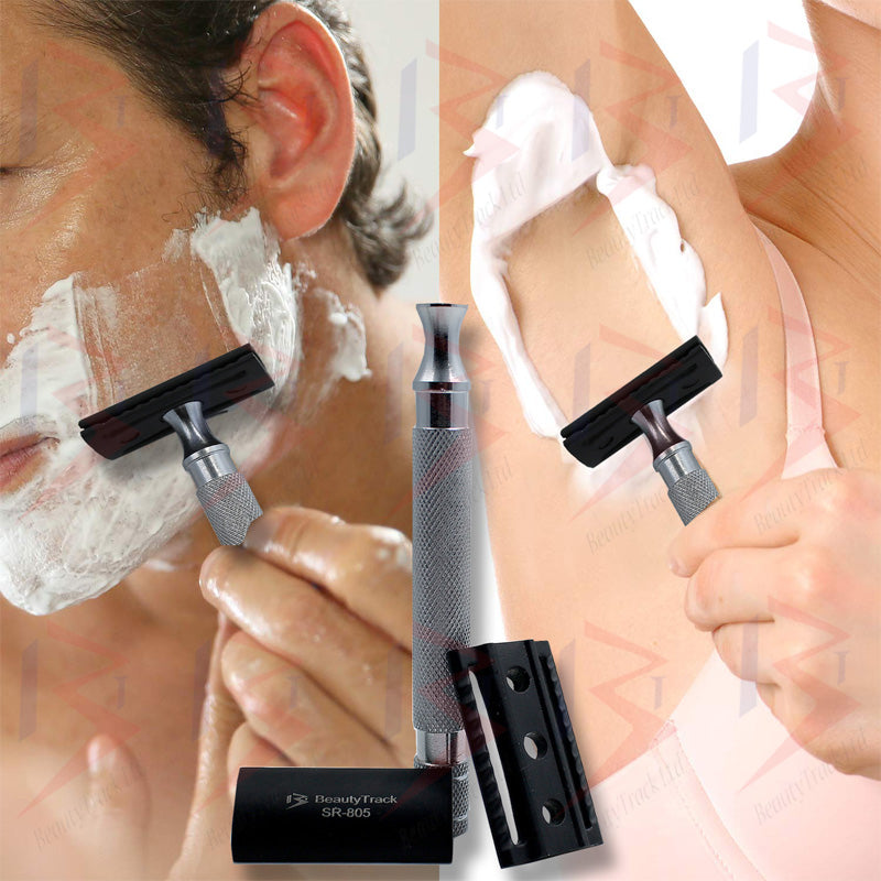 Rasoir de sécurité BeautyTrack DE en acier inoxydable à long manche argenté