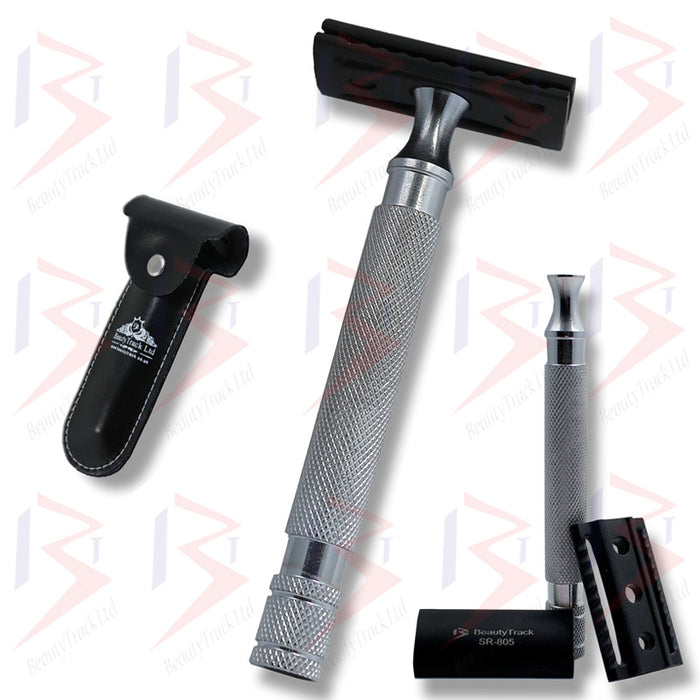 BeautyTrack Safety Razor DE Stainless Steel Long Handle Silver