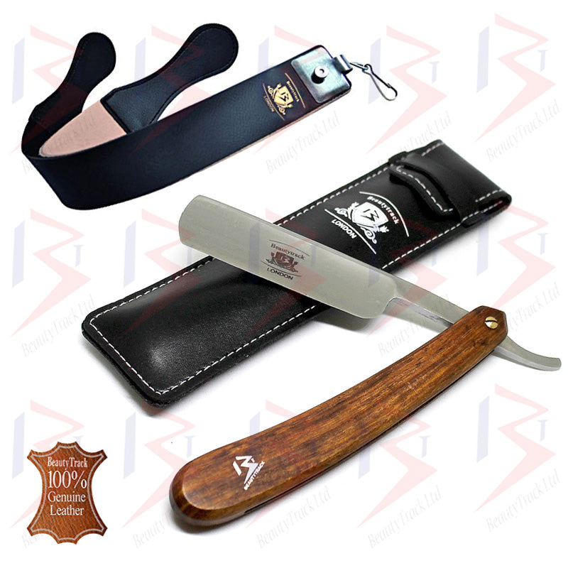 BeautyTrack Straight Cut Throat Razor Set Black Leather Strop Belt