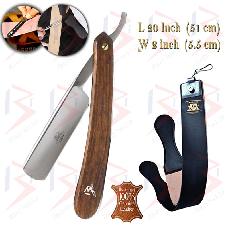 BeautyTrack Straight Cut Throat Razor Set Black Leather Strop Belt