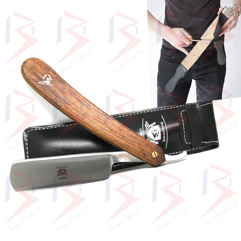 BeautyTrack Straight Cut Throat Razor Set Black Leather Strop Belt