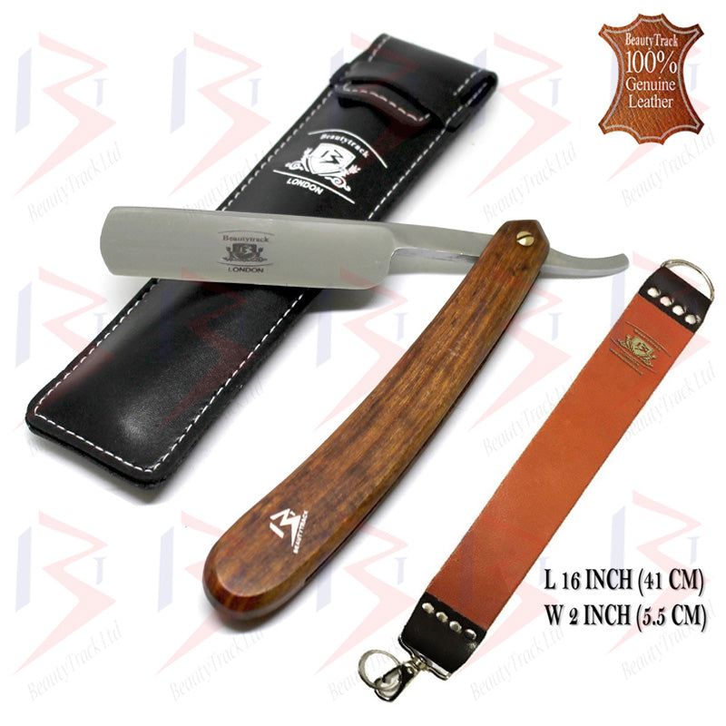 BeautyTrack Straight Cut Throat Razor Set Brown Leather Strop Belt
