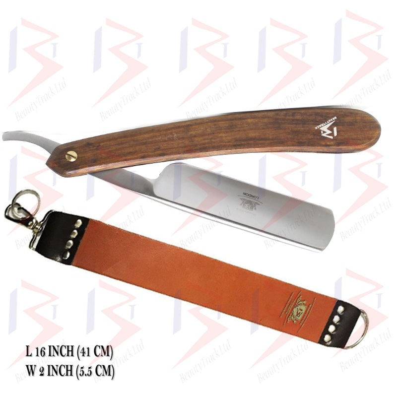 BeautyTrack Straight Cut Throat Razor Set Brown Leather Strop Belt