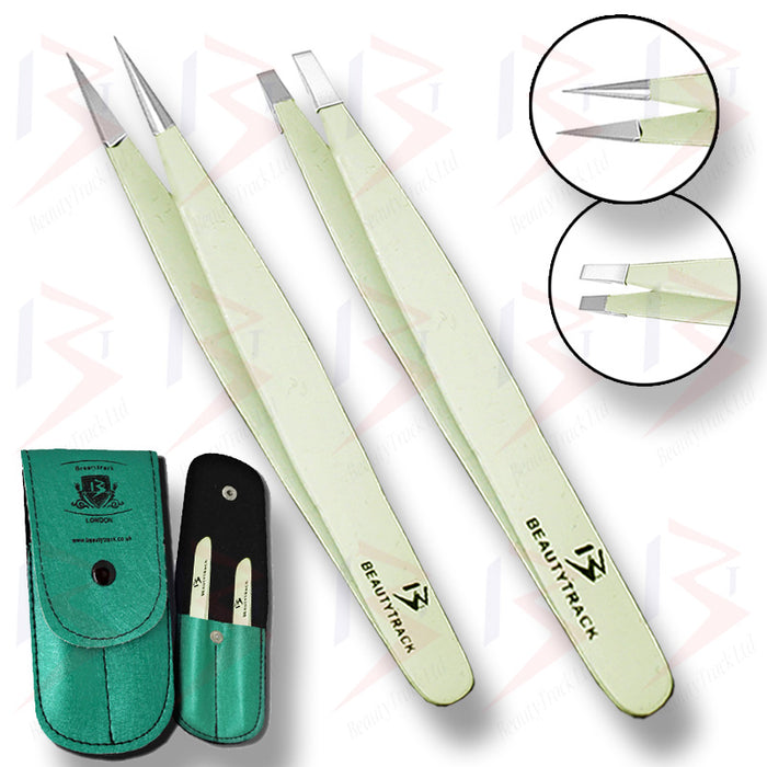 BeautyTrack Tweezers Set Slanted Beauty Eyebrow Sharp Pointed Eyelashes Extension