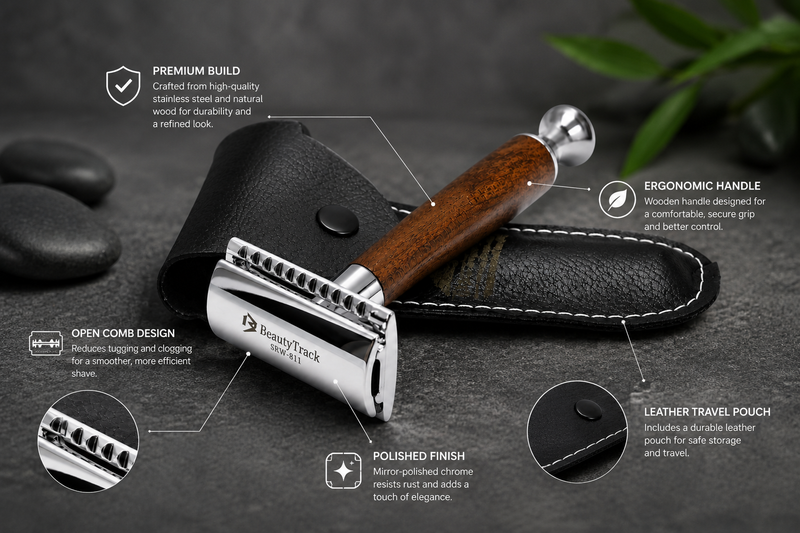 Classic Double Edge Safety Razor – Wood Handle Stainless Steel Shaving Tool