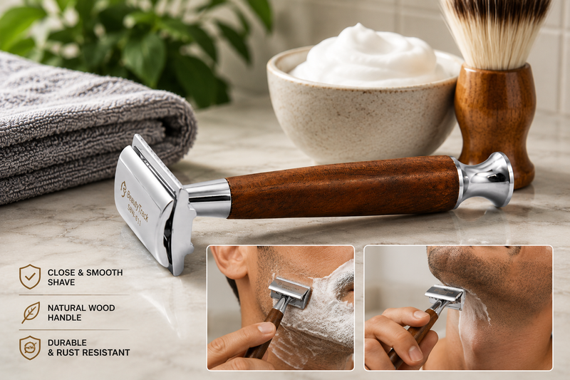 Classic Double Edge Safety Razor – Wood Handle Stainless Steel Shaving Tool