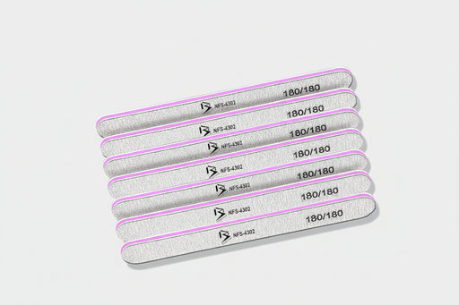 A set of double-sided nail files with 180/180 grit, displayed in a stacked arrangement, indicating different grit sizes and the brand's logo.