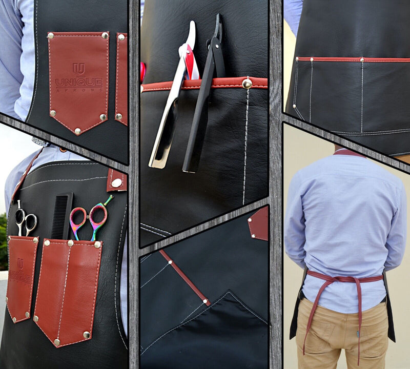 Tablier de coiffeur en cuir noir avec poches